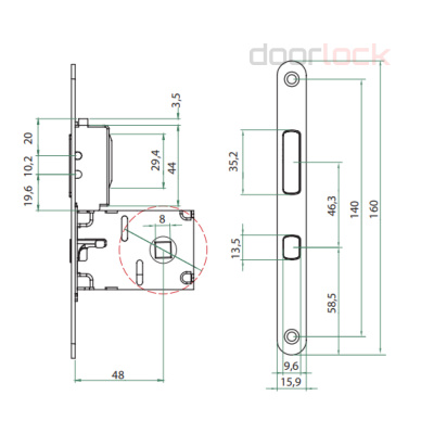 Замок дверной для раздвижной двери с квадратной поворотной кнопкой Bonaiti G500T mod.H21, сатинированный хром